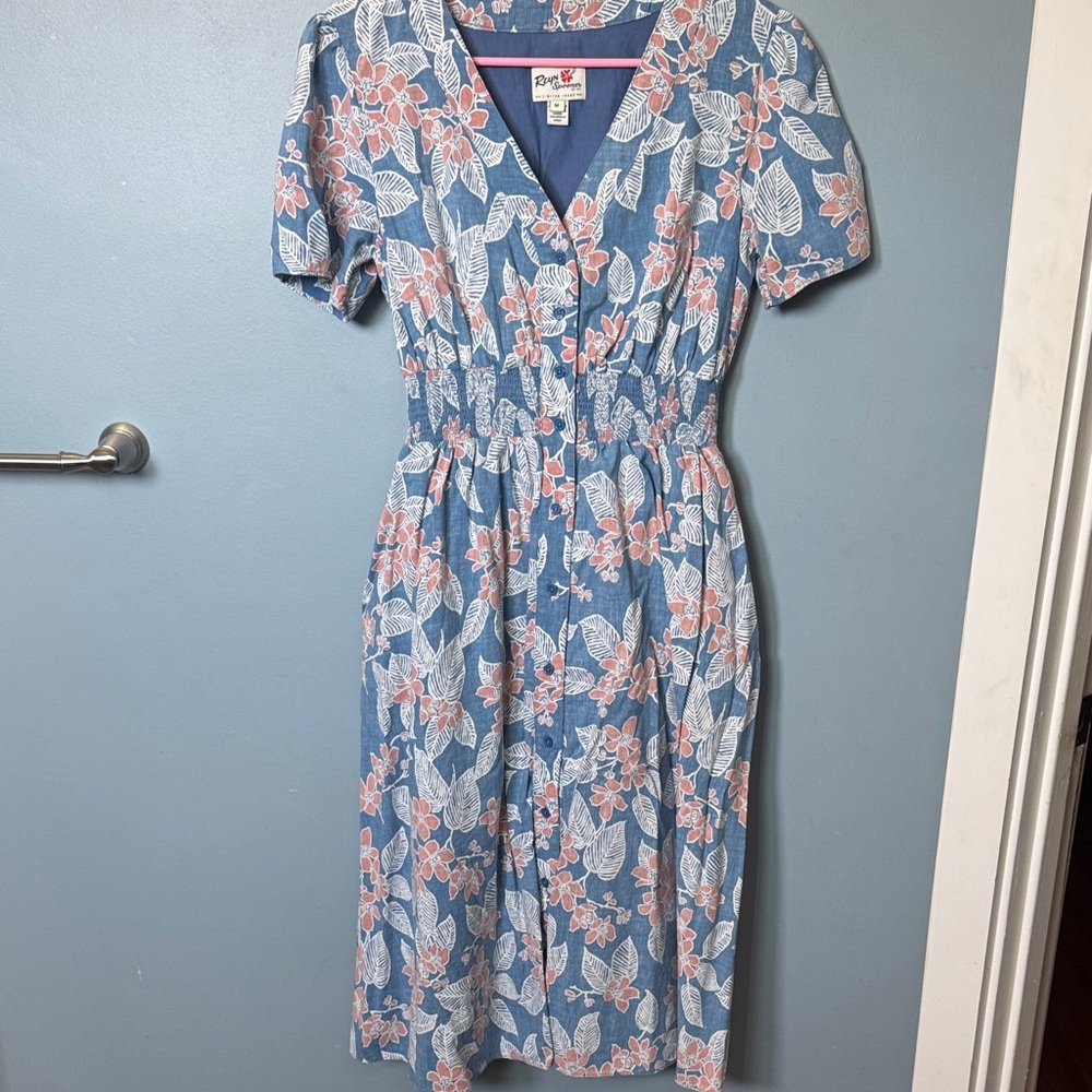 Reyn Spooner Blue Dress with Pink Floral Design